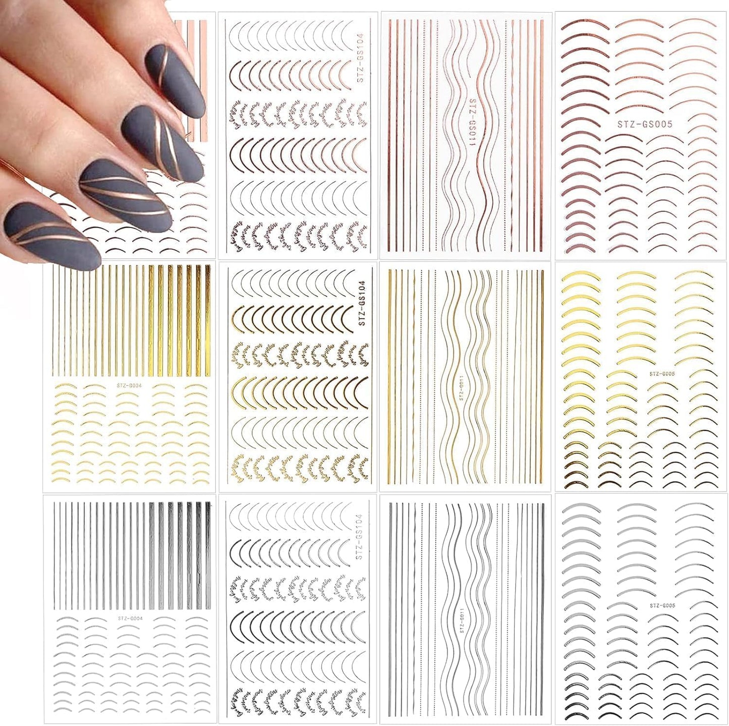 EBANKU 12 Sheets Gold Silver Metal Nail Stickers, Metallic Curve Strip Line Nail Decal Self-Adhesive 3D Wave Design DIY Decoration for Women Girls