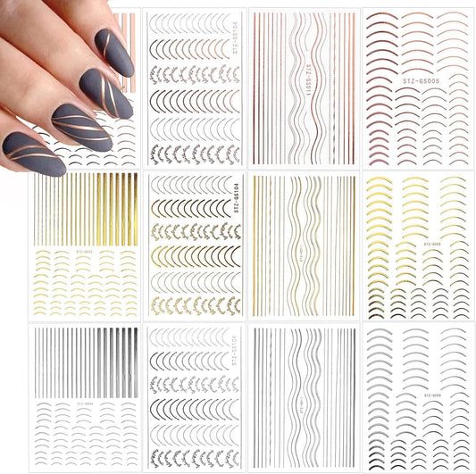 EBANKU 12 Sheets Gold Silver Metal Nail Stickers, Metallic Curve Strip Line Nail Decal Self-Adhesive 3D Wave Design DIY Decoration for Women Girls