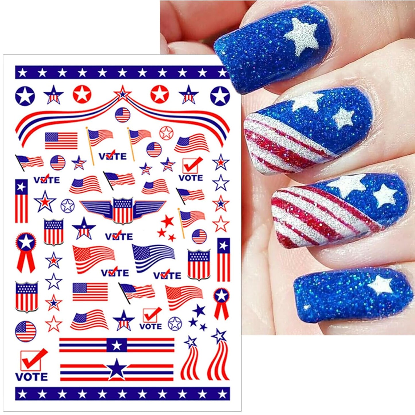 8 Sheets 4th of July Nail Stickers, Independence Day Patriotic Nail Decals, 3D Design Self-Adhesive Memorial Day USA Flag Star Nail Art