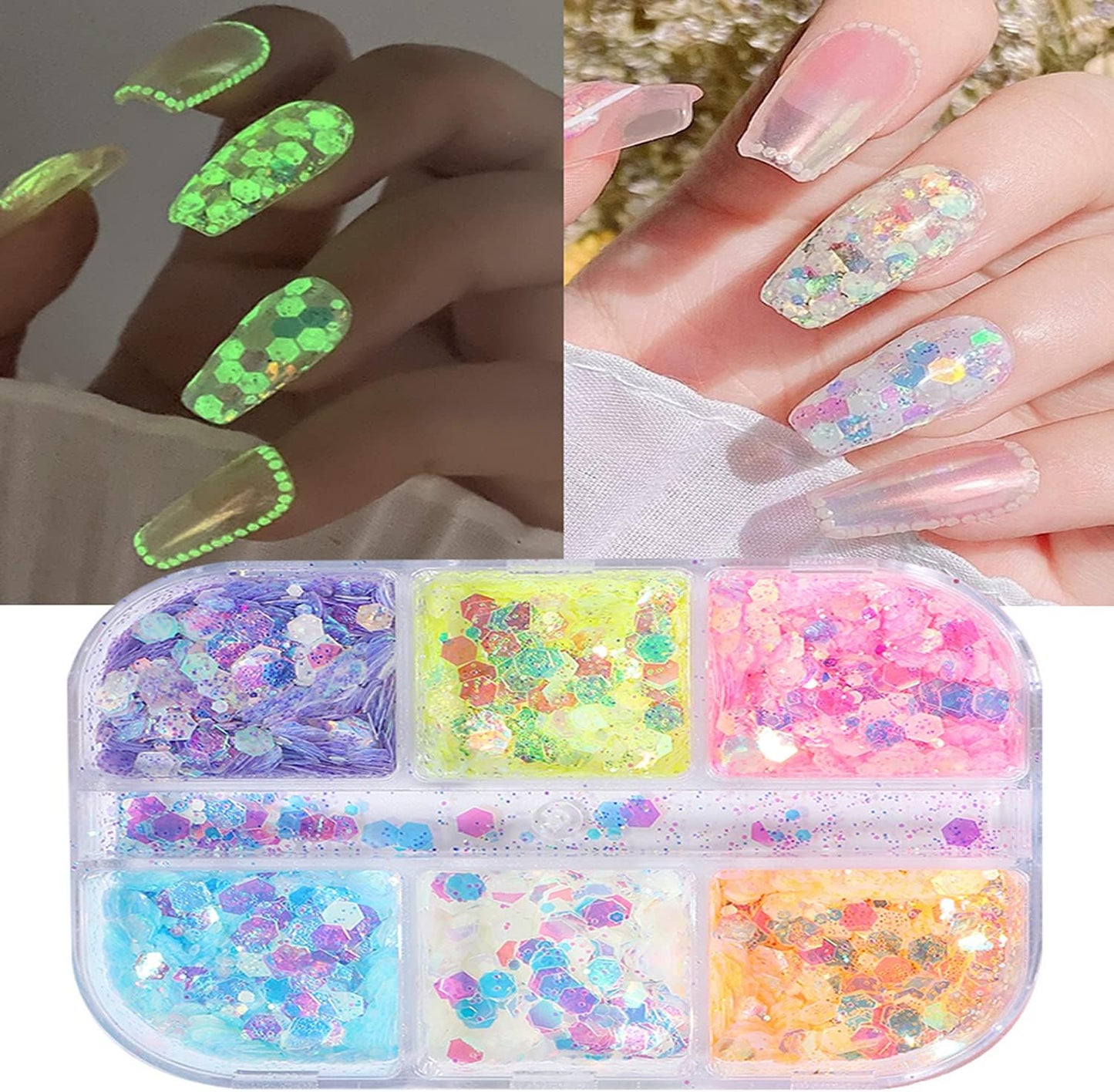 Luminous Nail Glitter Sequins Fluorescent Iridescent Mixed Hexagon Flakes Decoration Holographic 3D Glow Ultra-Thin Confetti Nails Supplies for Women Girls Manicure Tips DIY Crafts Makeup (6 Colors)