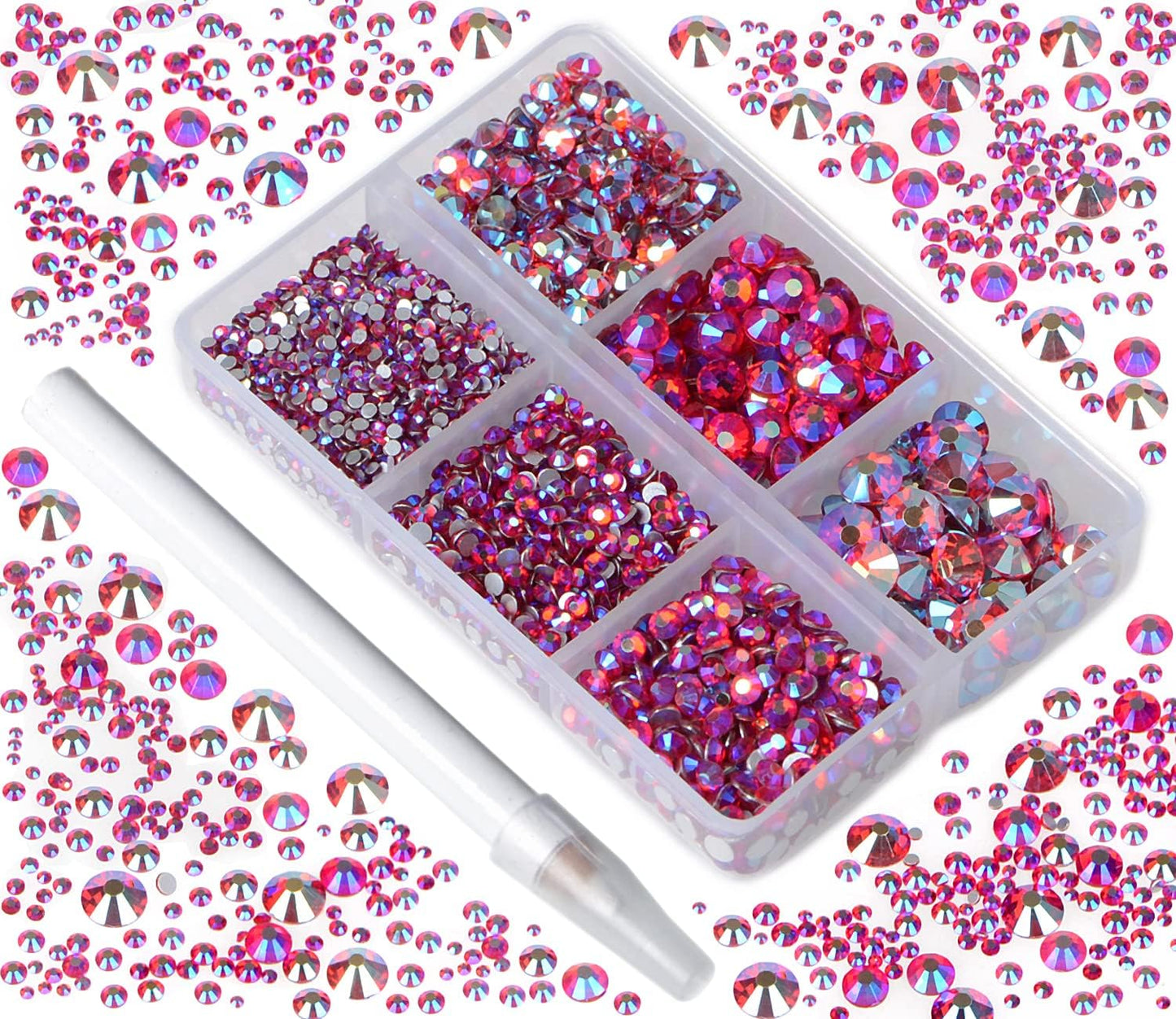 Bymitel 5000 Pieces 6 Mixed Sizes Glue Fix on Glass Rhinestones Round Crystal Gems Flatback for DIY Jewelry Making with one Picking Pen(6-Sizes 5000PCS, Siam AB)
