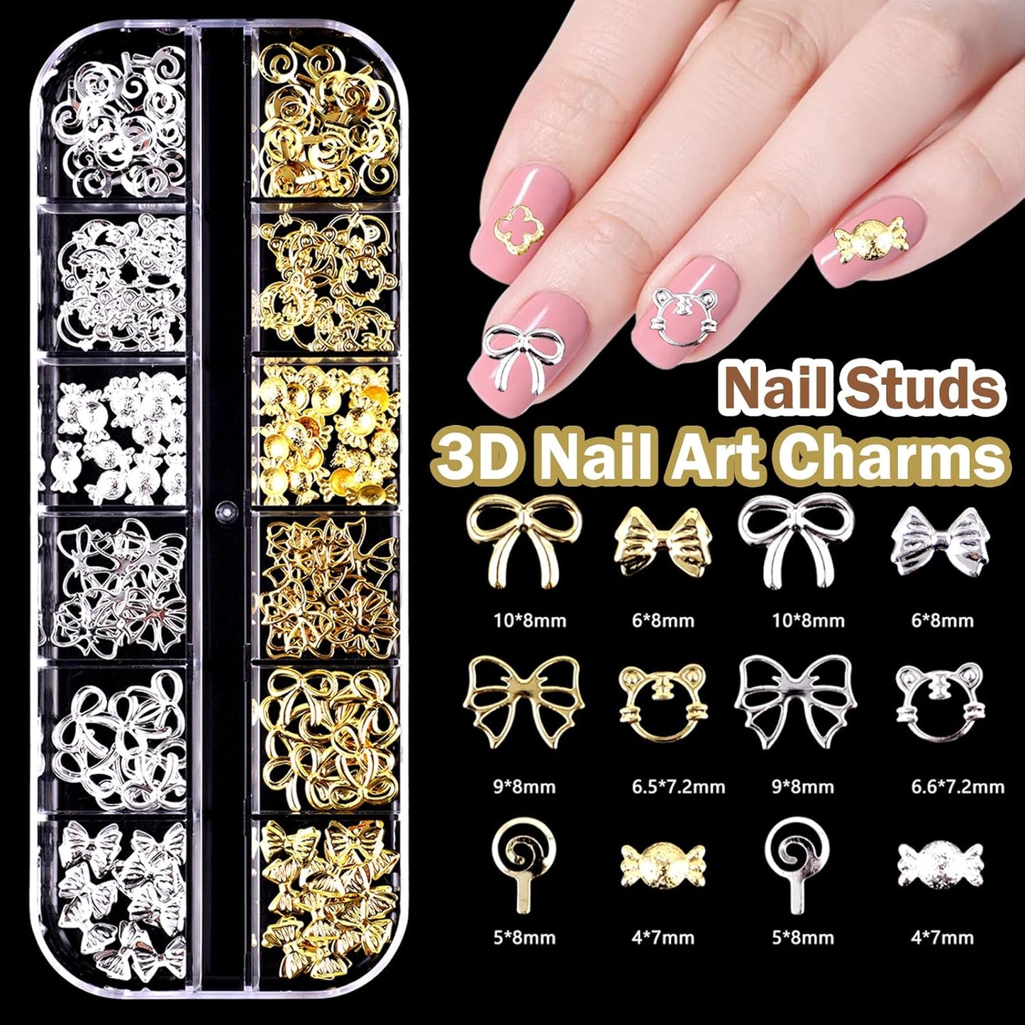 Mixed 3D Nail Charms and Rhinetones, Color Flower Bow Star Nail Art Charms,Half Round Pearl Flatback AB Nail Gems,Gold & Silver Nail Studs,Gravel Diamond Manicure Kit DIY Nail Art Supplies Accessories