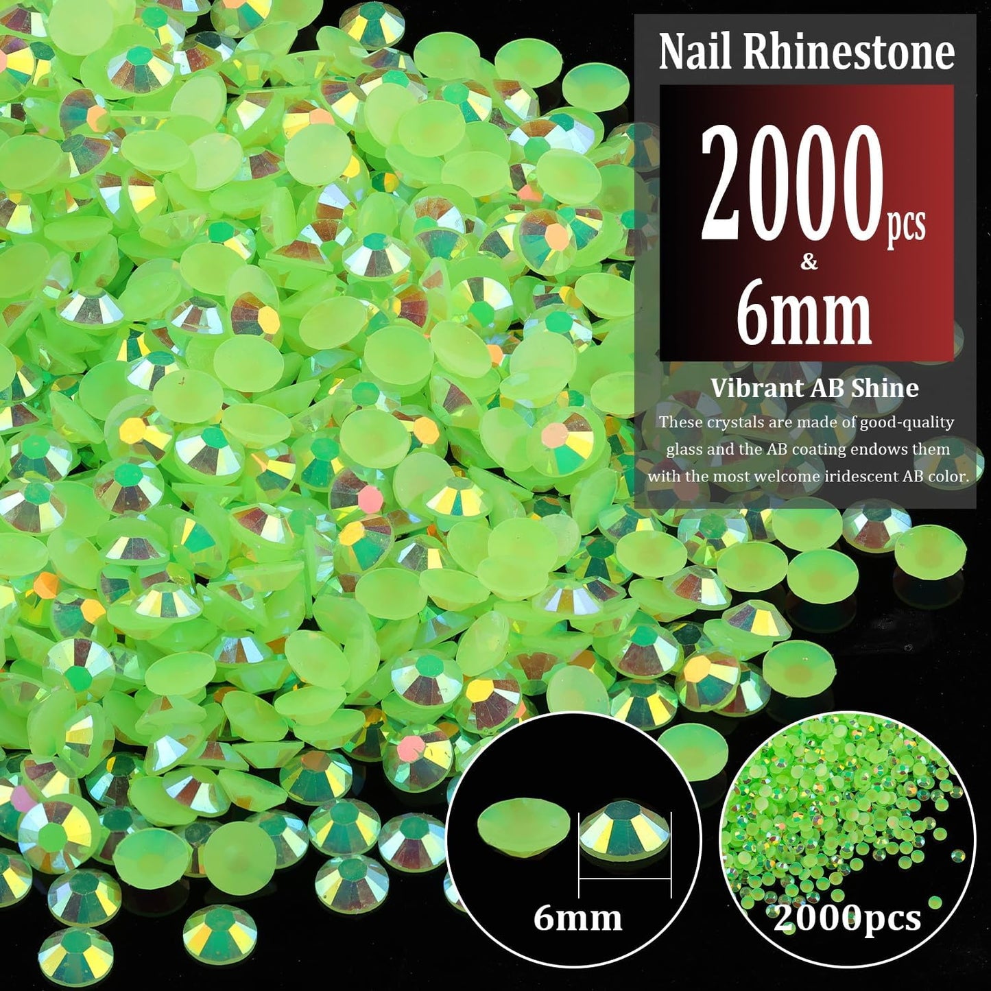 2000pcs 6mm Resin Rhinestones Bulk, Fluorescent Green AB Flatback Round Jelly Rhinestones Non Hotfix Crystal Gems Large Quantity Wholesale for DIY Crafts Clothes Face Makeup Manicure