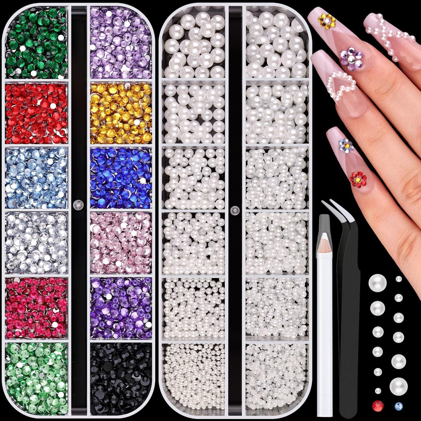 8000Pcs Nail Pearls and Colorful Rhinestones for Nail Art, White Pearl Nail Charms(Flatback+Round), Nail Gems and Rhinestones Crystals Charms Bedazzling Gems for Acrylic Tips Manicure Decor