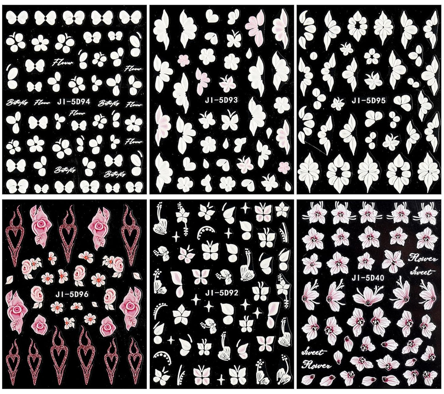 JMEOWIO 6 Sheets 3D Embossed Flower Butterfly Nail Art Stickers Decals Self-Adhesive Pegatinas Uñas 5D White Spring Floral Nail Supplies Nail Art Design Decoration Accessories