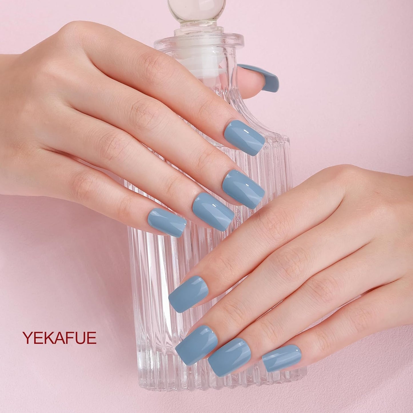 No Lamp Gel Nail Strips 22 Pcs Wraps - Muddy Blue, Solid, Easy Apply Gel Nail Stickers Long Lasting, Salon-Quality, 2 Prep Pads, 1 File, 1 Wooden Stick