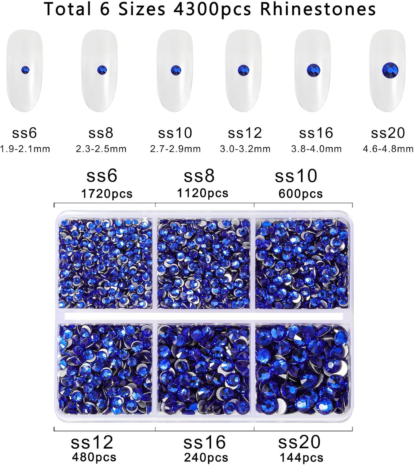 Beadsland 4300pcs Flatback Rhinestones,Royal Blue Rhinestone Nail Gems Round Crystal Rhinestones for Crafts,Mixed 6 Sizes with Picking Tweezers and Wax Pencil Kit, SS6-SS20,Sapphire
