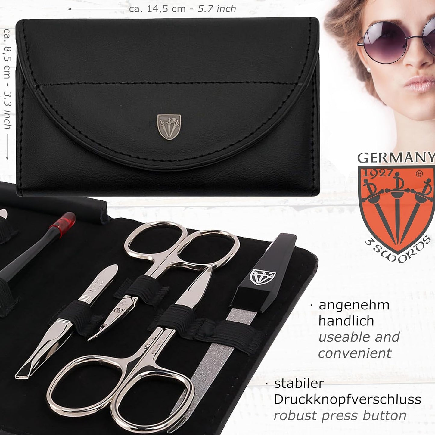 3 Swords Germany - brand quality 7 piece manicure pedicure kit set - nail care tools by 3 Swords - black genuine leather