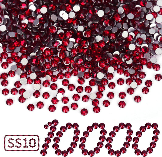10000PCS Dark Red Rhinestones Bulk, Flat Back Crystal Glass Stone Round Gems,SS10, 2.7-2.9mm