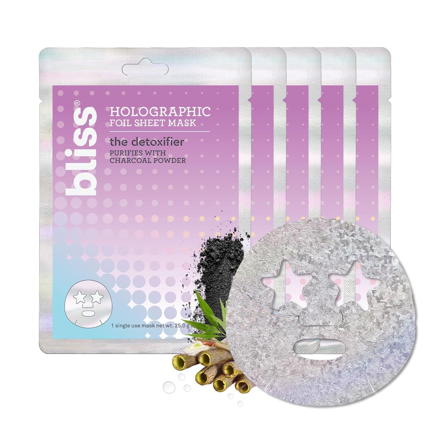Bliss Skincare Sheet Masks - Vitamin C, Sensitive Skin, Detoxifying, Hyaluronic Acid, Collagen - Biodegradable - 5pk (Detoxifier Holographic Masks)