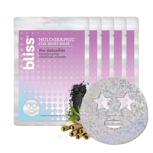 Bliss Skincare Sheet Masks - Vitamin C, Sensitive Skin, Detoxifying, Hyaluronic Acid, Collagen - Biodegradable - 5pk (Detoxifier Holographic Masks)