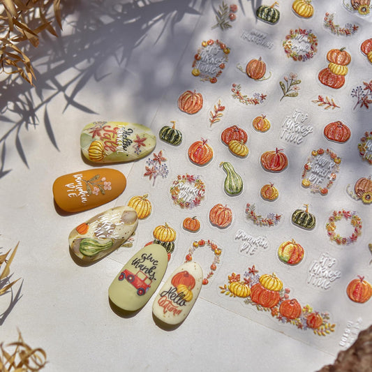 5D Embossed Autumn Pumpkin Nail Art Stickers for Nail Art Self-Adhesive Thanksgiving Nail Stickers Fallen Leaves Pumpkin Designs Nail Supplies Maple Leaf Nail Decals for Women Acrylic Manicure Salon
