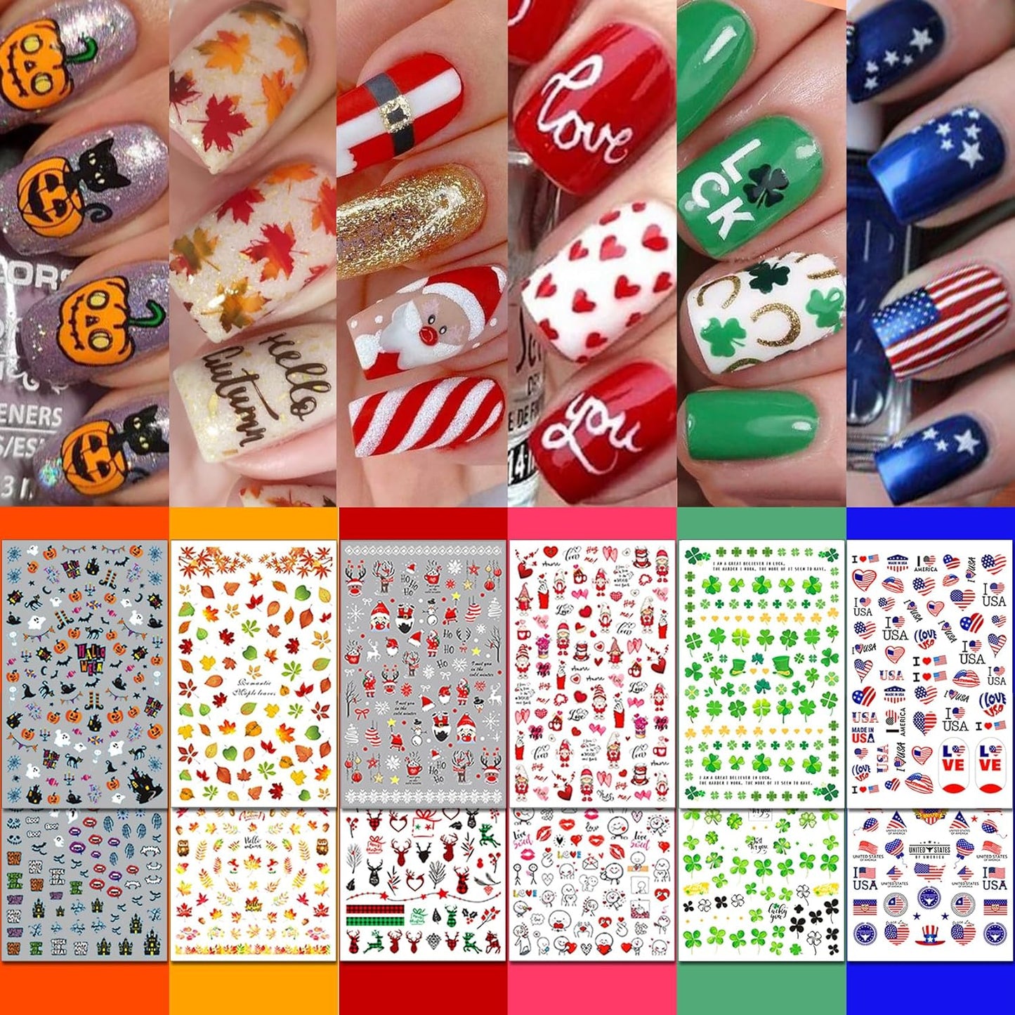 30 Sheets All Holiday Nail Art Stickers, Variety Pack Seasonal Nail Decals for All Year, Self-Adhesive Pegatinas Uñas St. Patrick's Independence Day Halloween Fall Christmas Heart Design