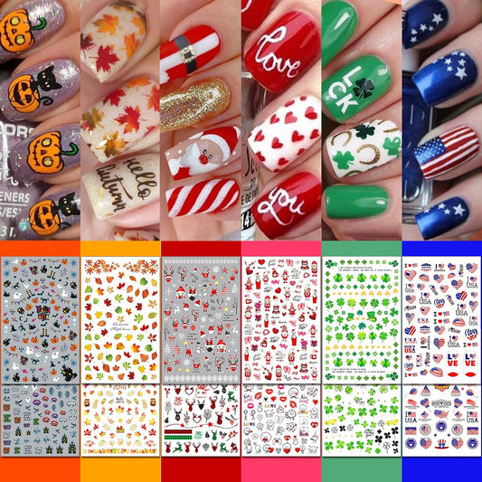 30 Sheets All Holiday Nail Art Stickers, Variety Pack Seasonal Nail Decals for All Year, Self-Adhesive Pegatinas Uñas St. Patrick's Independence Day Halloween Fall Christmas Heart Design