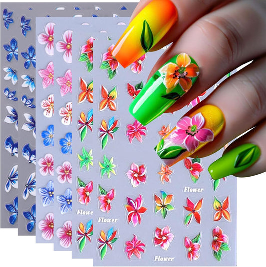 Tropical Flower Nail Art Stickers, Self-Adhesive Floral Decals, Colorful Summer Design for DIY Nail Decorations, 6 Pieces