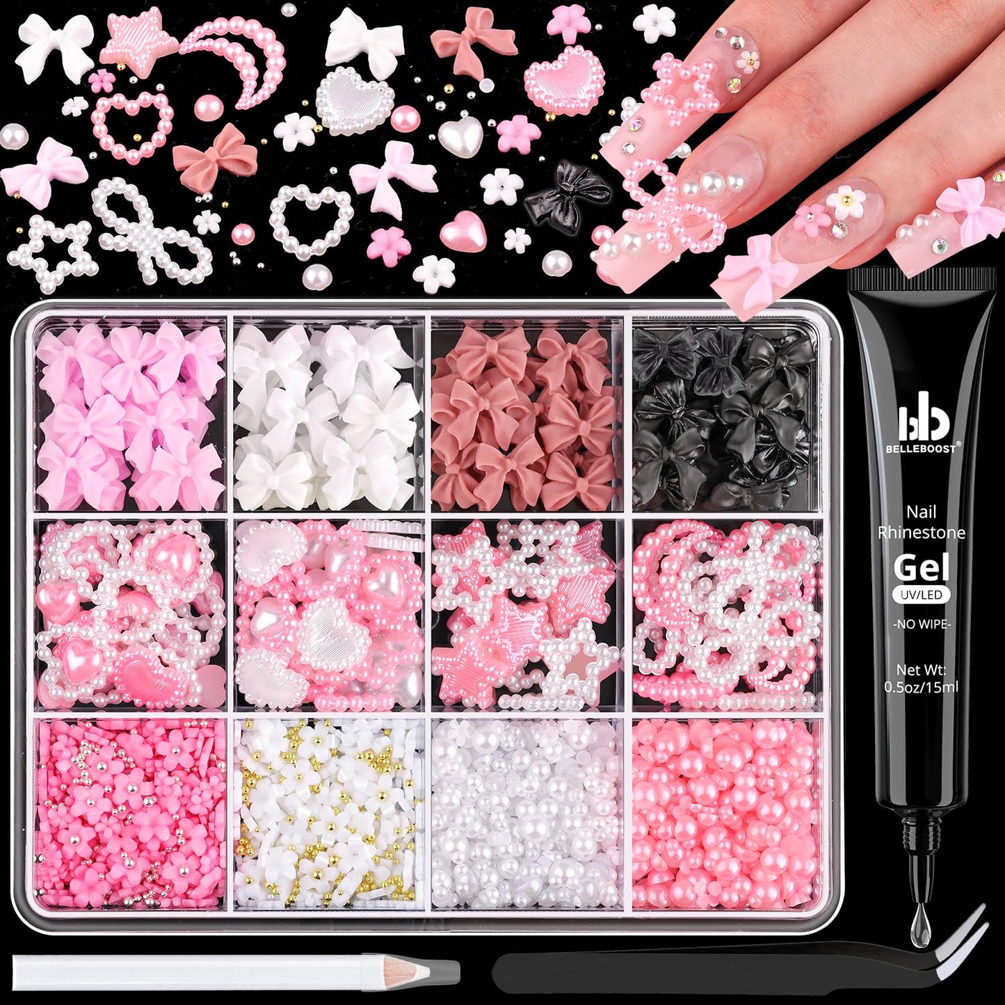 Chunky Nail Charms and Gems Set 2 with Rhinestone Glue, Girly Coquette Nail Charms + Assorted Pearl Bows Heart Star Moon + Cute 3D Flowers for Nails + Flatback Pearls with Tools for Kawaii Nail Design