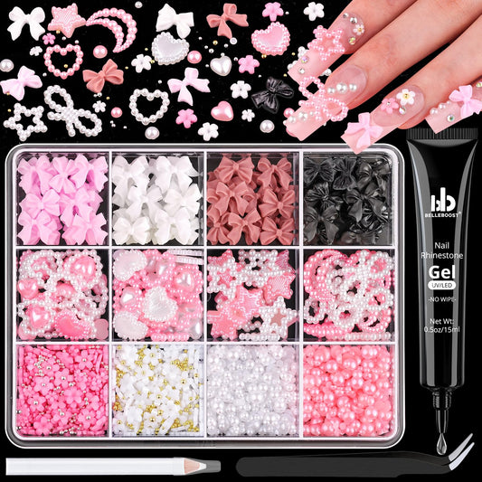 Chunky Nail Charms and Gems Set 2 with Rhinestone Glue, Girly Coquette Nail Charms + Assorted Pearl Bows Heart Star Moon + Cute 3D Flowers for Nails + Flatback Pearls with Tools for Kawaii Nail Design