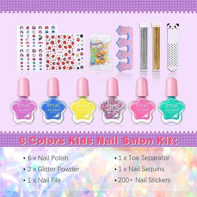 Kids Nail Polish Non-Toxic Nail Polishs Set For Girls Water Based Peel Off Quick Dry Nail Polish 6 Colors Nail Art Kits For Kids Age 3+ Girl Birthday Gift