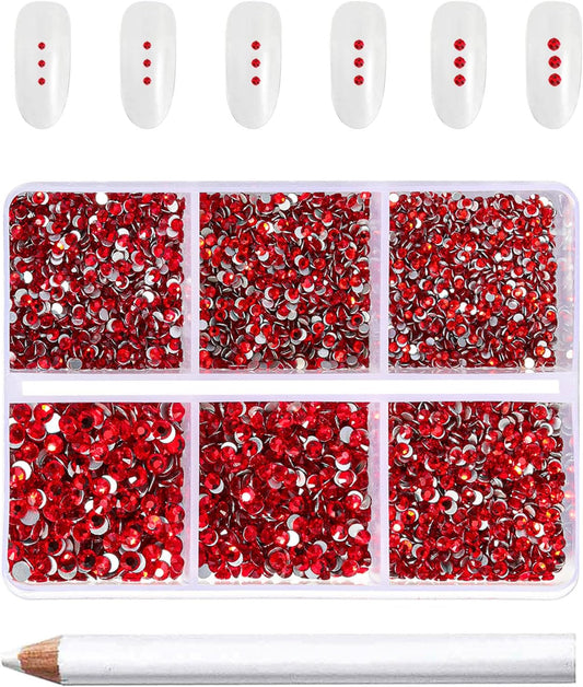 Beadsland 7200pcs Flatback Rhinestones, Red AB Rhinestone Nail Gems Round Crystal Rhinestones for Crafts,Mixed 6 Sizes with Wax Pencil Kit, SS3-SS10, Light Siam