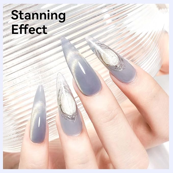 Silver Cat Eye Gel Nail Polish, Magnetic Nail Polish Glitter Holographic With Magnet Gold Shimmer Cateye Effect, UV Velvet Gel Nails Art Manicure Salon DIY Home, 12ML