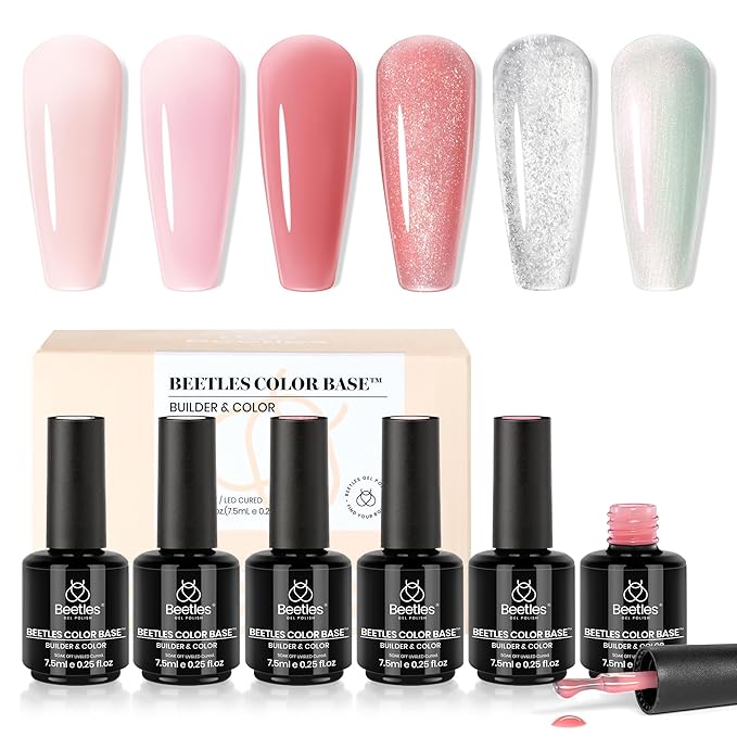 Beetles Rubber Base Gel, Nude Pink 6 Color Base Gel Polish Set, 5-in-1 Strengthening, Repairing & Smoothing Nail with Natural Nude Color, U V LED Lamp Cure Self-Leveling Nail Art Gift for Women