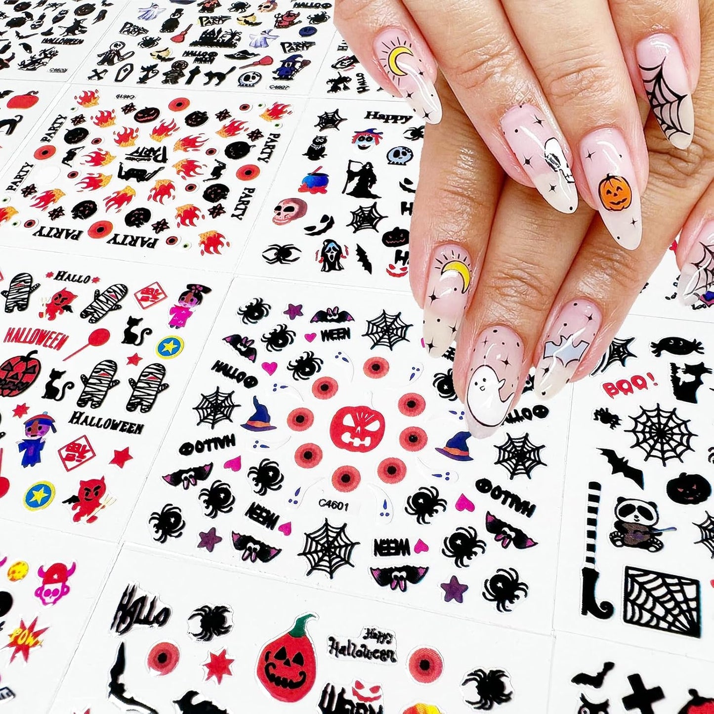 24 Sheets Halloween Nail Art Stickers 3D Self-Adhesive Nail Decals Scary Ghost Face Nail Supplies Spider Web Skull Witch Bat Designs Acrylic Nail Accessories for Women Kids DIY Manicure Decorations