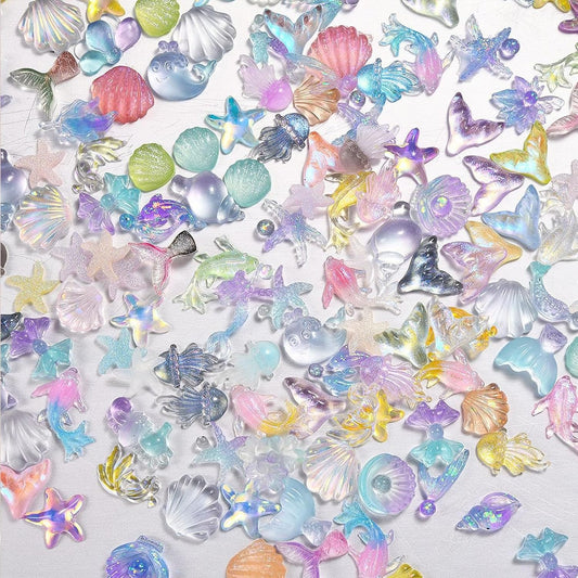 150PCS Beach Nails Charms, Summer Ocean Series 3D Resin Nail Rhinestone Mixed Sea Shell Starfish Dolphin Fishtail Nail Gem for Women Girls Manicure DIY Crafts Accessories