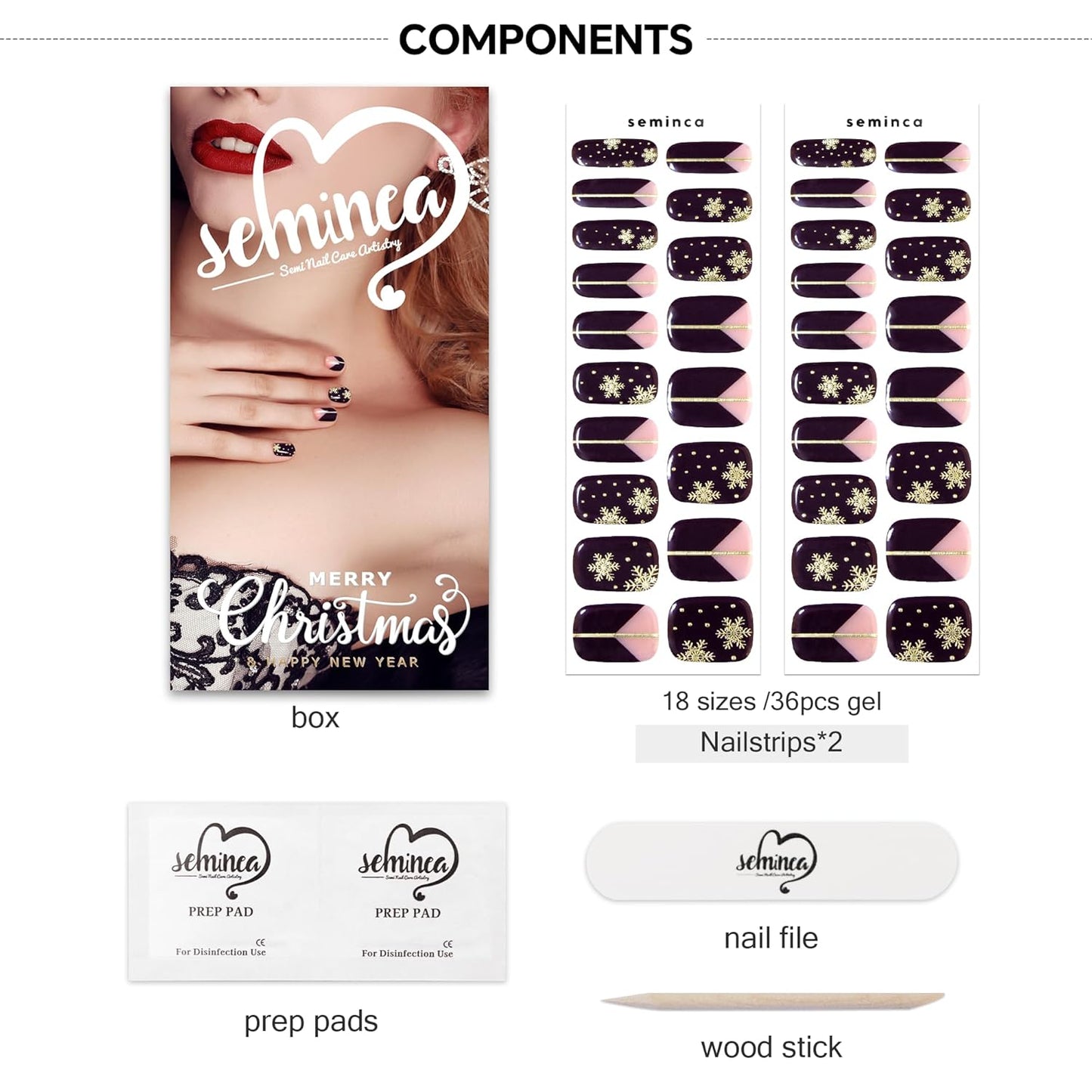 Semi Cured Gel Nail Strips-Holiday Gel Nail Art Stickers Kit Christmas Themed Press On Manicure (Plum Gold Snowflake)