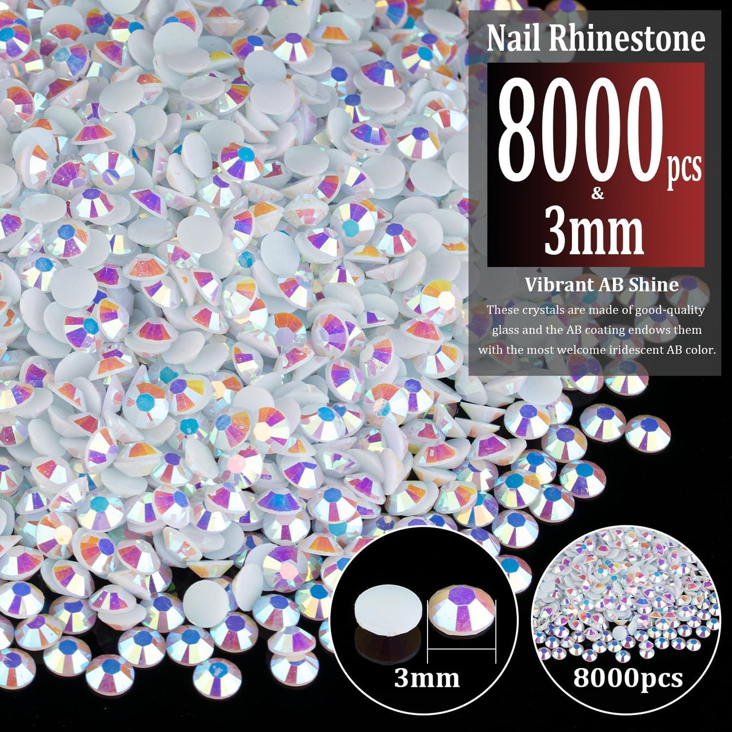 8000pcs 3mm Resin Rhinestones Bulk, White AB Flatback Round Jelly Rhinestones Bedazzling Non Hotfix Crystal Gems Large Quantity Wholesale for DIY Crafts Clothes Bottles Tumblers Face Makeup Manicure