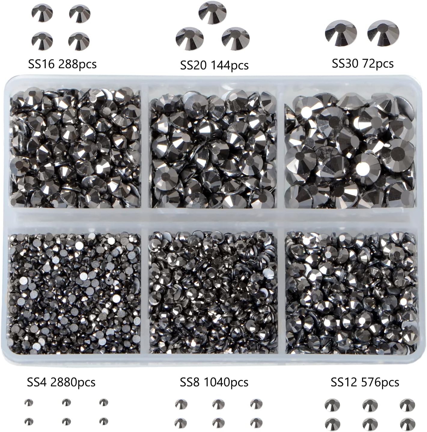 Bymitel 5000 Pieces 6 Mixed Sizes Glue Fix on Glass Rhinestones Round Crystal Gems Flatback for DIY Jewelry Making with one Picking Pen(6-Sizes 5000PCS, Jet Hematite)