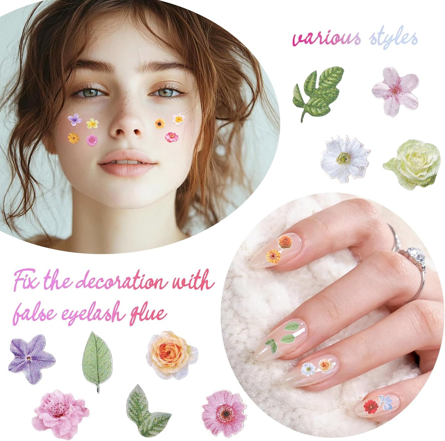300Pcs 3D Flower Nail Art Charms Sequins Decals Colorful Mixed Flowers Leaves Design Slice Nail Flowers Ultra Wood Pulp Flakes Sequins 4