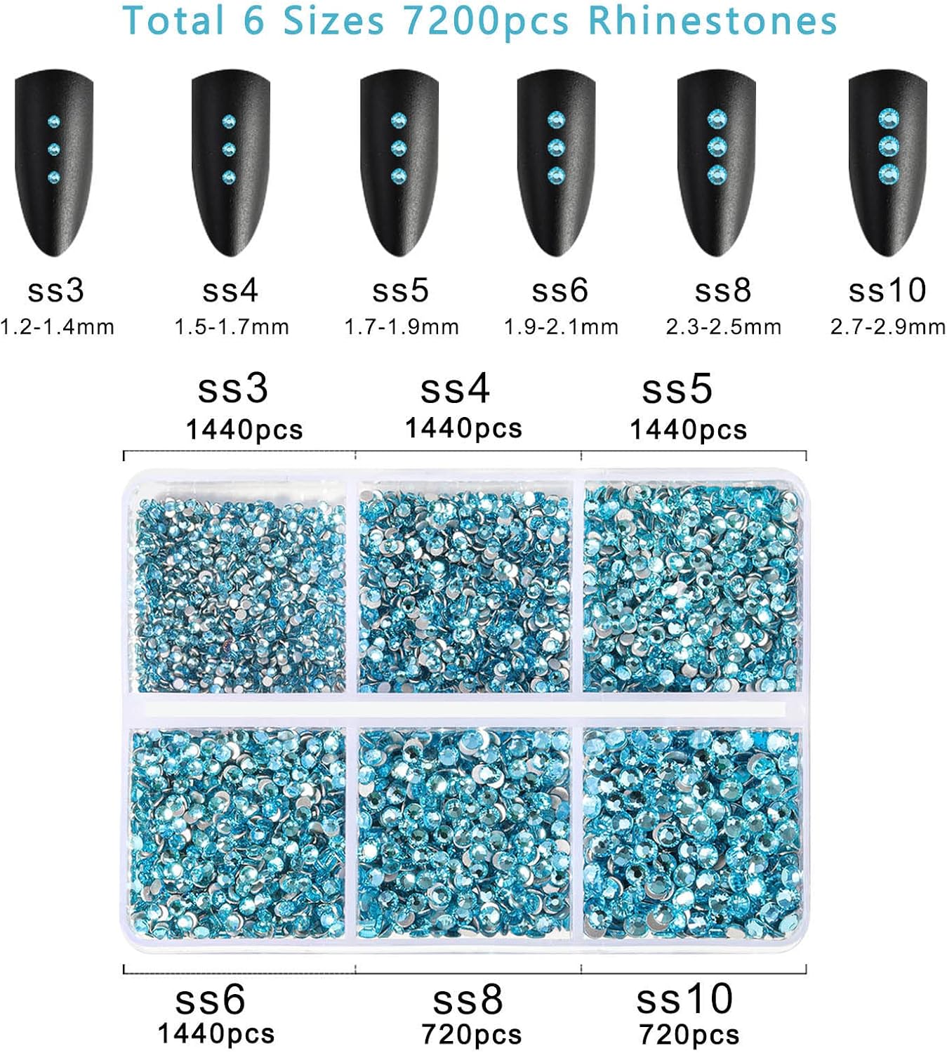 Beadsland 7200pcs Flatback Rhinestones,Blue Rhinestone Nail Gems Round Crystal Rhinestones for Crafts,Mixed 6 Sizes with Wax Pencil Kit, SS3-SS10,Aquamarine