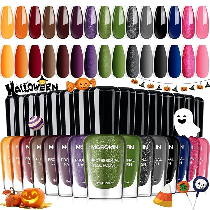Morovan Dark Nail Polish Set: Glitter Green Dark Red Black Hot Pink Brown Shimmer Fingernail Polish Kit Air Quick Dry Nail Pack for Halloween Nail Art Manicure Gift Holiday Party for Women Girls