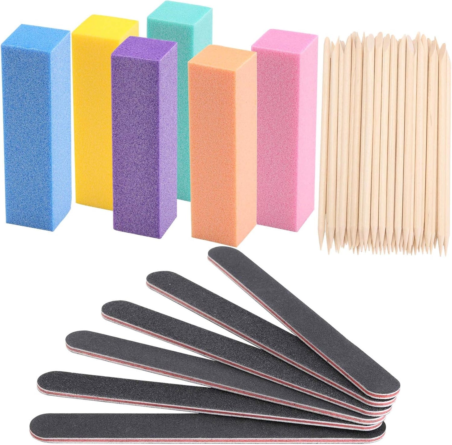 100 Pcs Orange Sticks for Nails Double Sided Multi Functional Wooden Cuticle Pusher Stick, 6 Pcs 100/180 Grit Nail Files and 6 Pcs Buffer Block