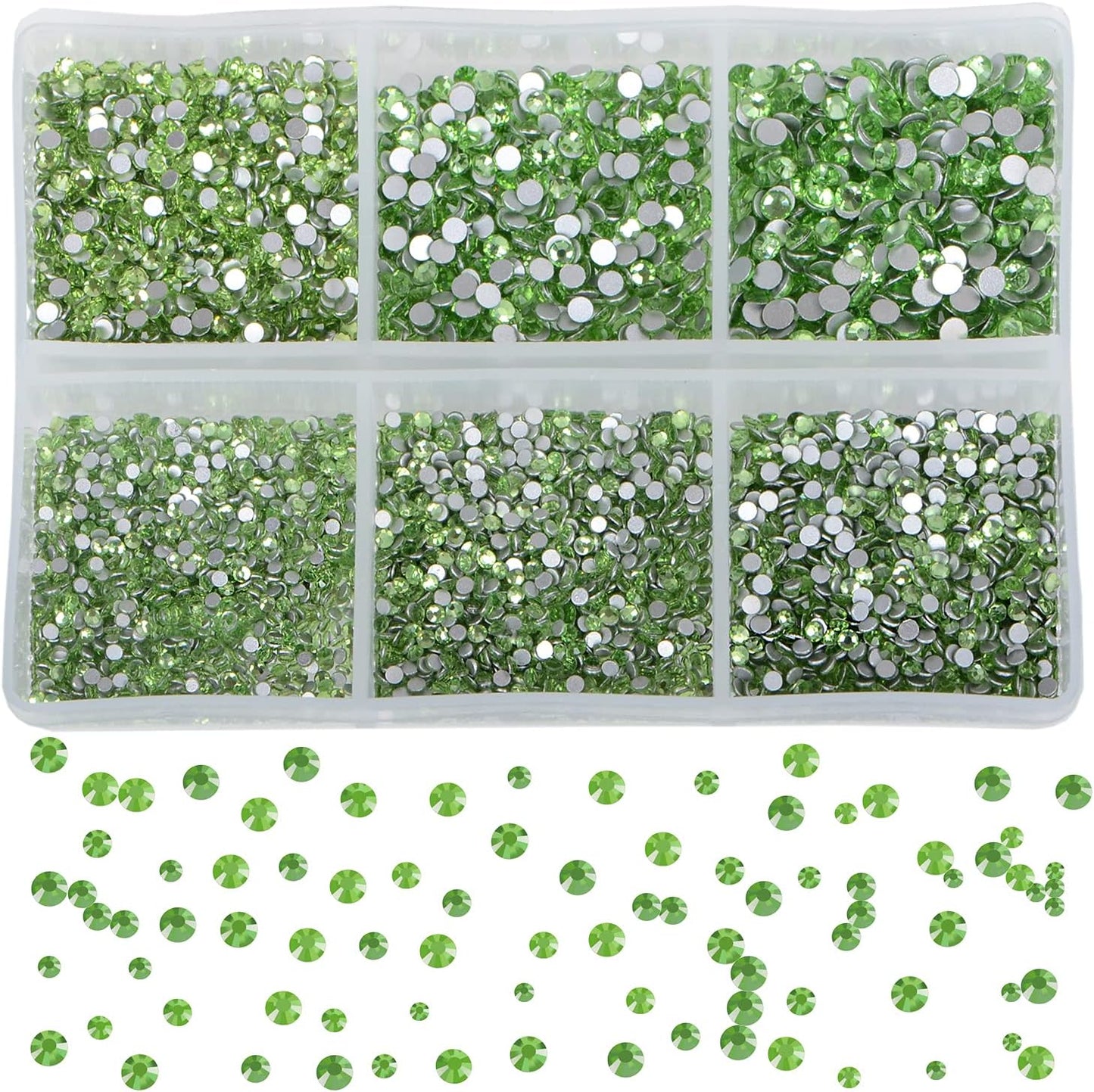 Bymitel 7200 Pieces 6 Mixed Sizes Glue Fix on Glass Rhinestones Round Crystal Gems Flatback for DIY Jewelry Making with one Picking Pen(6-Sizes 7200PCS, Peridot)