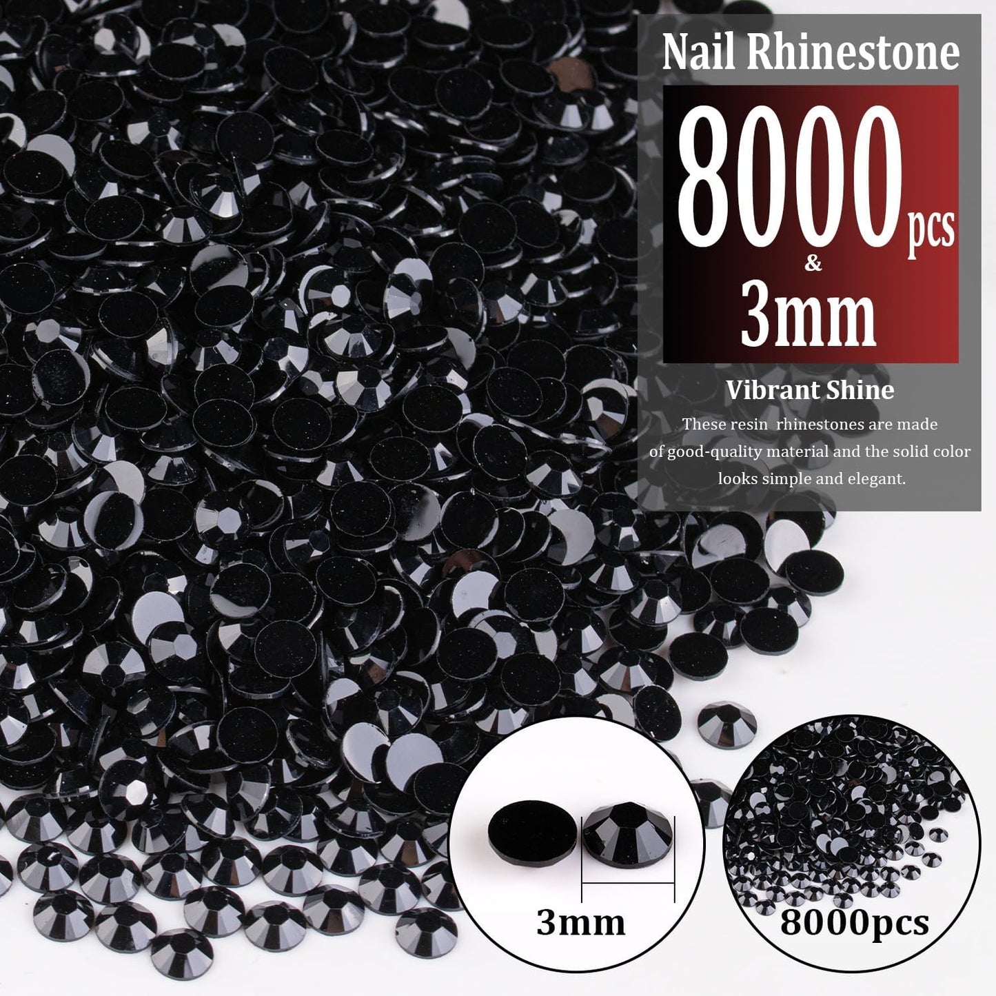 8000pcs 3mm Resin Rhinestones Bulk, Black Flatback Round Jelly Rhinestones Bedazzling Non Hotfix Crystal Gems Large Quantity Wholesale for DIY Crafts Clothes Bottles Tumblers Face Makeup Manicure