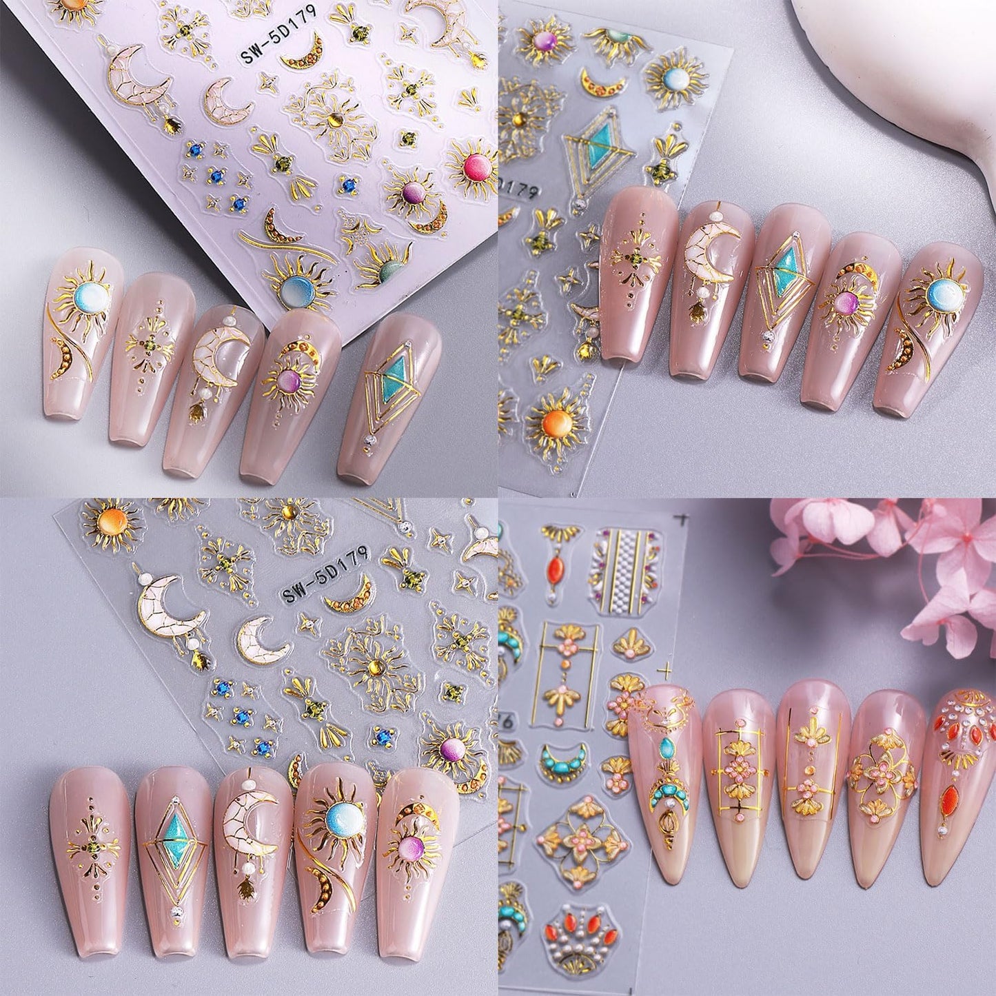 2 Sheets 5D Embossed Star Moon Nail Art Stickers Sun Rhinestones Nail Stickers Designs Nail Decals Supplies Self Adhesive Nails Sticker for Women DIY Acrylic Nail Accessories