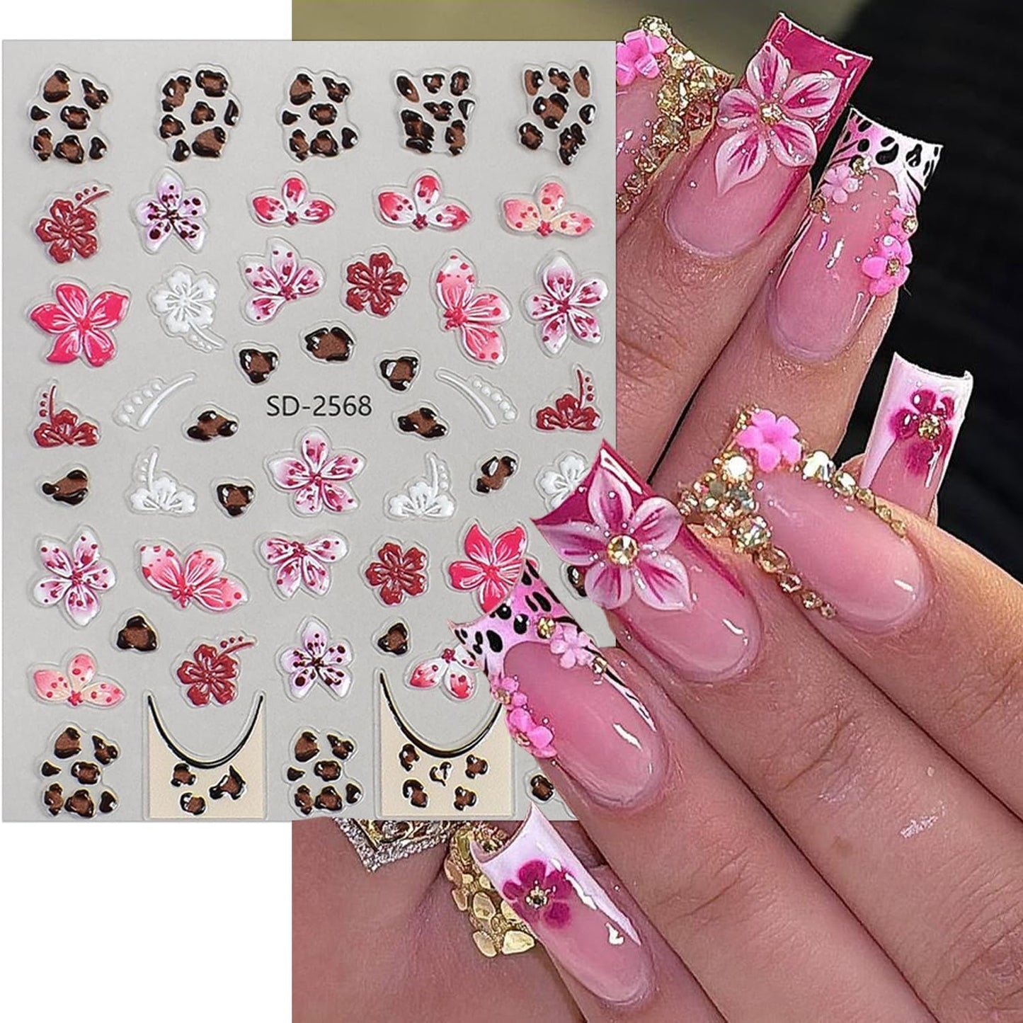 3 Sheets Flower Nail Stickers for Nail Art 5D Self-Adhesive Embossed Cute Floral Nail Art Stickers Leopard Nail Decals Summer Fall Flowers Nail Design Sticker for Women Nails Decoration