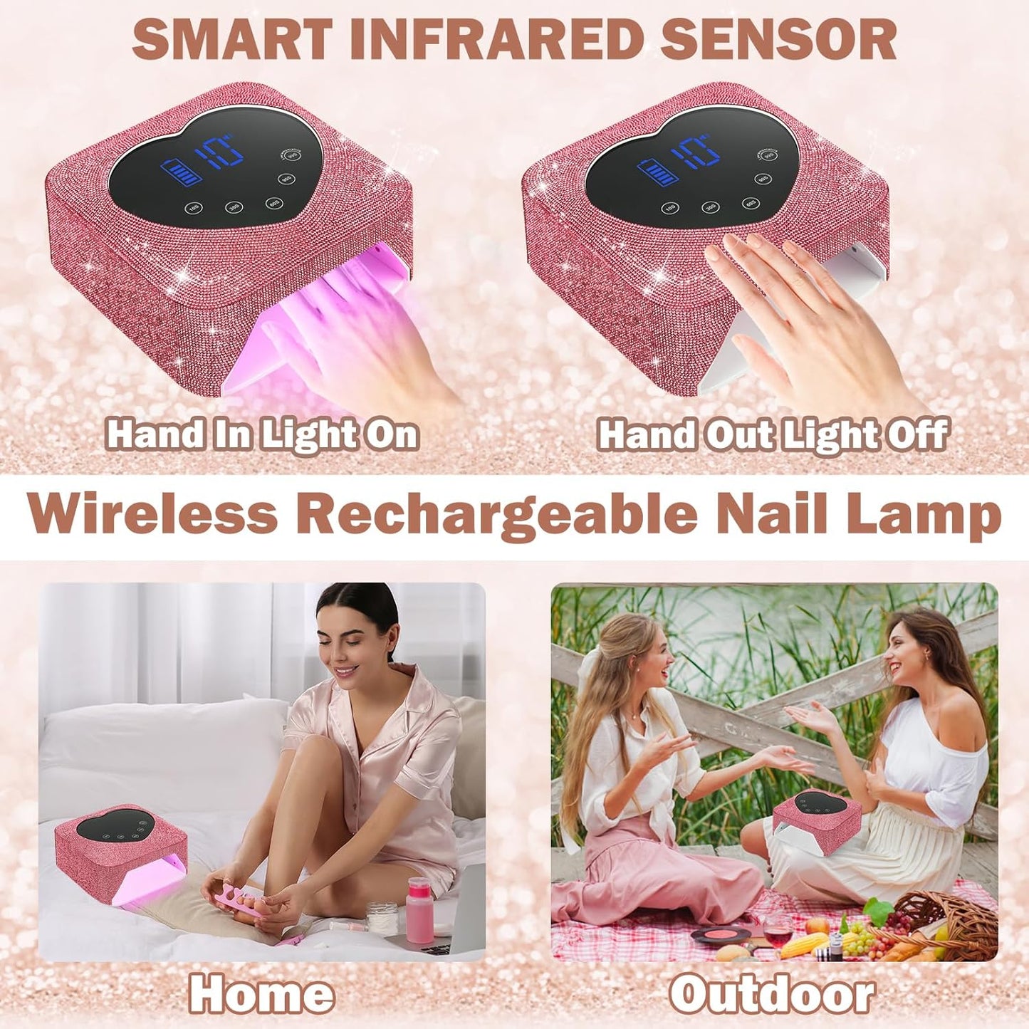 UV LED Nail Lamp Rechargeable 72W Cordless Portable UV Light for Gel Nails Polish,Rhinestones Nail Dryer Light with Glove,Auto Sensor,5 Timer,30 Beads,Fast Curing Gel X Polish Lamp for Home Salon