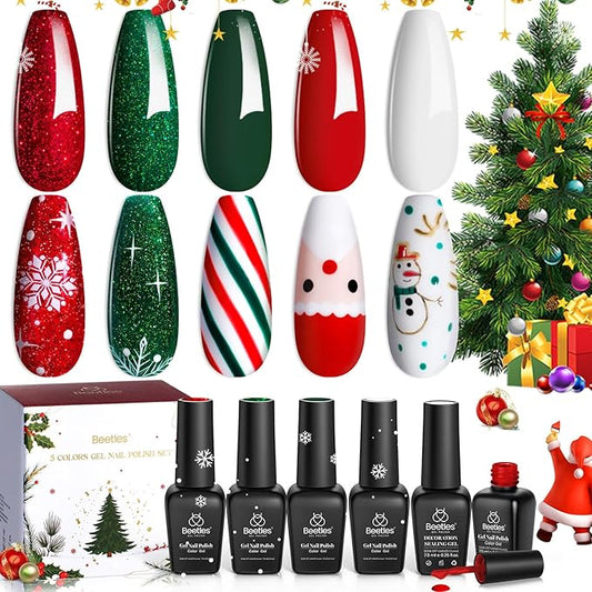 Beetles Christmas Gel Polish Set - Stain Carol Collection, Sparkle Red Green Colors Polish Kit Soak Off UV LED Manicure Gift with Nail Strengthener Gel