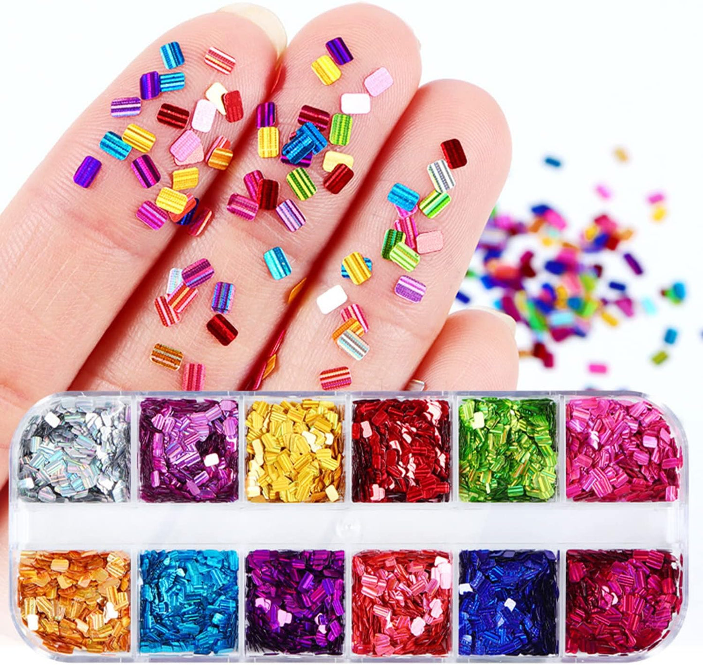 Square Glitter Nail Art Sequins, 12 Colors Rectangle Glitters Flakes Design, Holographic 3D Sparkly Acrylic Nails Supplies for Women Girls Manicure Powder Charms Decorations, DIY Shiny Nail Art Tips