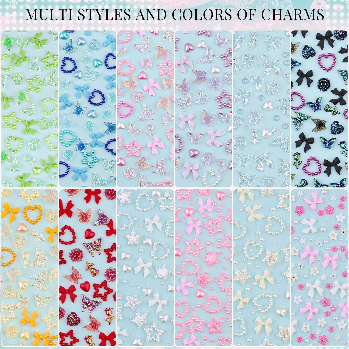 3D Nail Charms and Gems for Nails Design Set 1, Colorful Nail Bows Coquette Jewels + Cute Assorted Heart Star Rose Butterfly Junk Nail Charms + Nail Pearls for Nail Art Decor