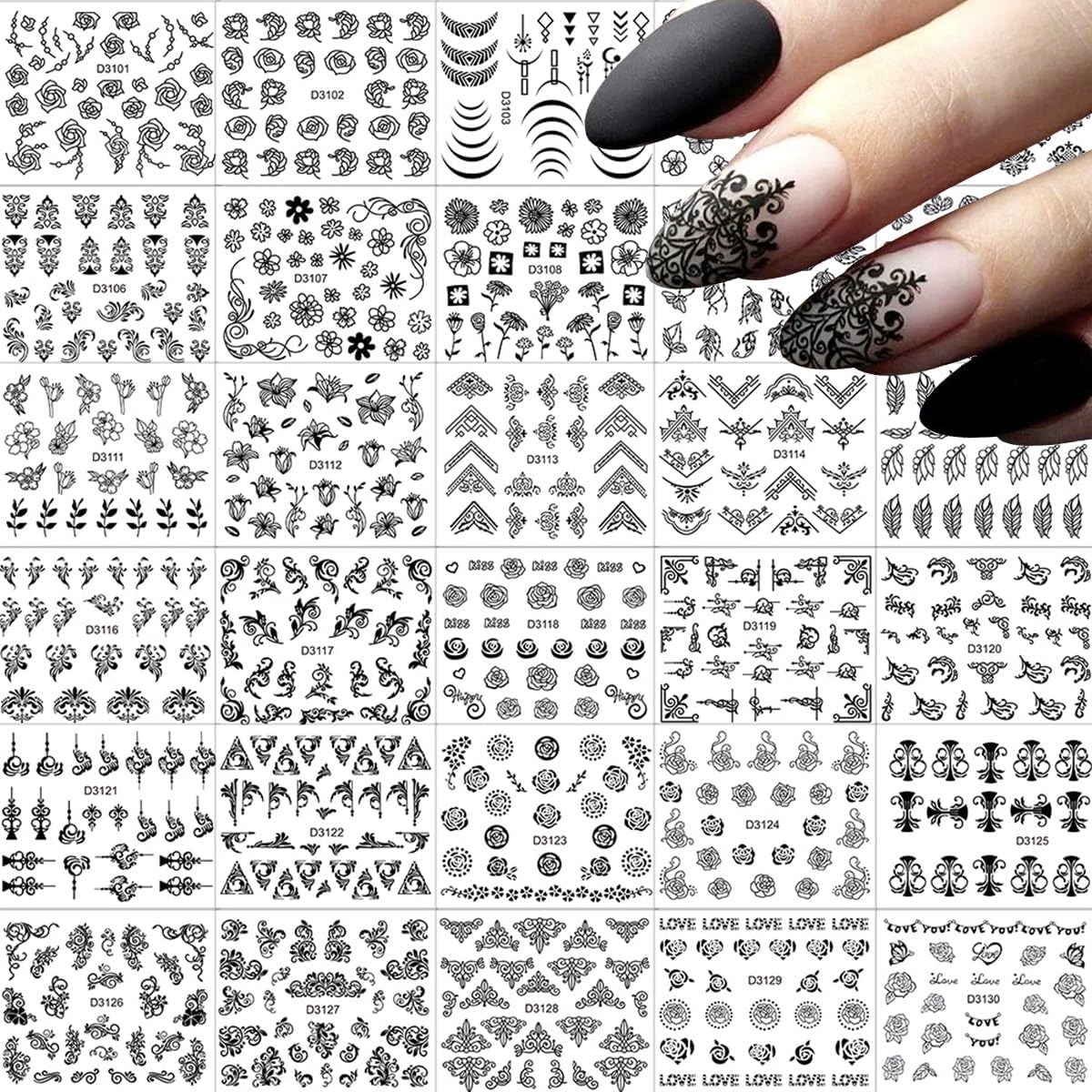 90 Sheets Flower Nail Stickers 3D Self-Adhesive Gold White Black Nail Decals Lace Retro Floral Leaf Nail Art Designs for Women and Girls Nail Art Decoration Accessories with Nail Tweezer
