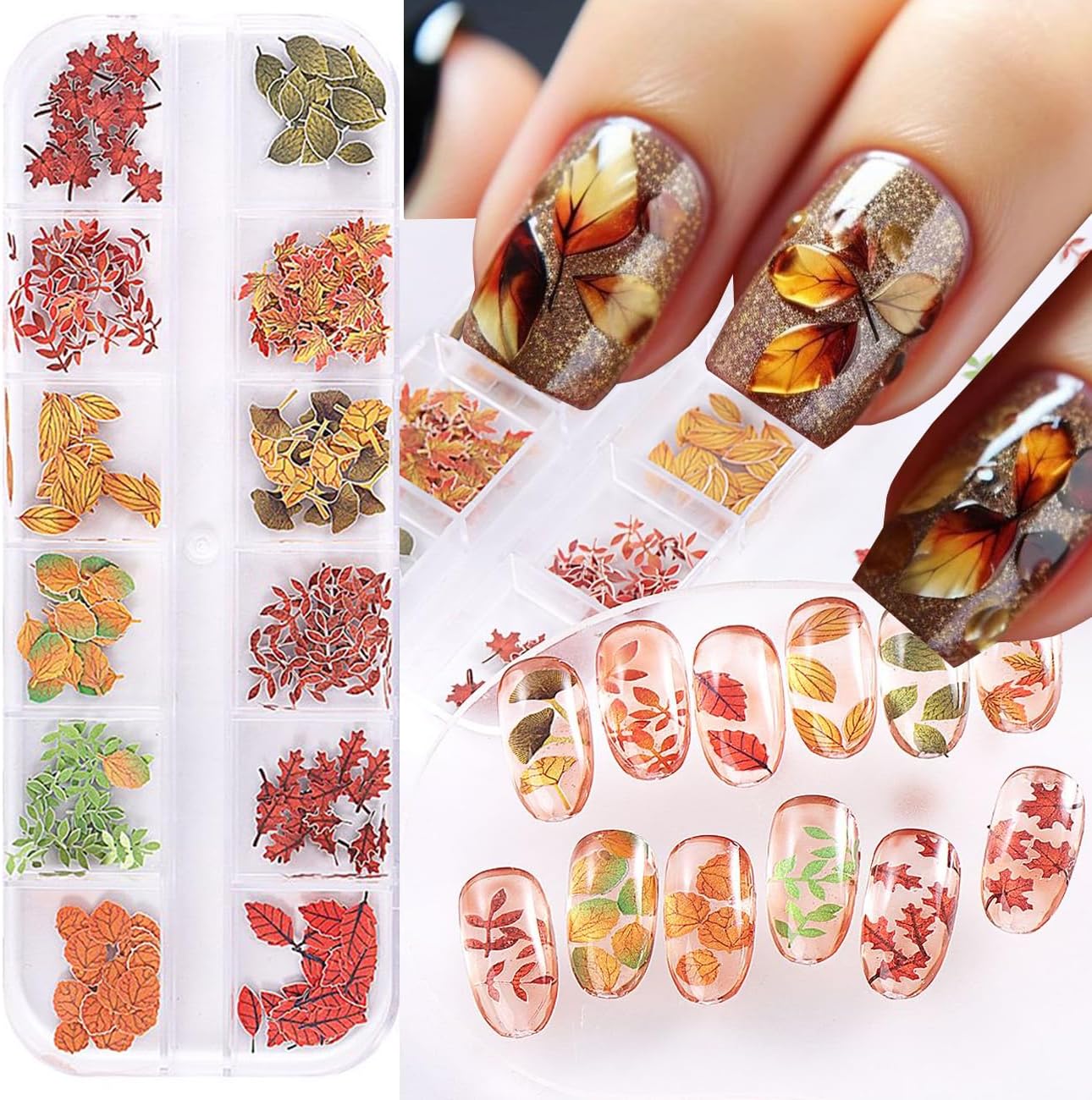 Fall Maple Leaves Nail Sequins 3D Autumn Fallen Leaf Flower Nail Art Flakes for Acrylic Nails Mixed Maple Leaf Wood Pulp Slice Glitter Nail Flake Design for Women DIY Thanksgiving Manicure Decor