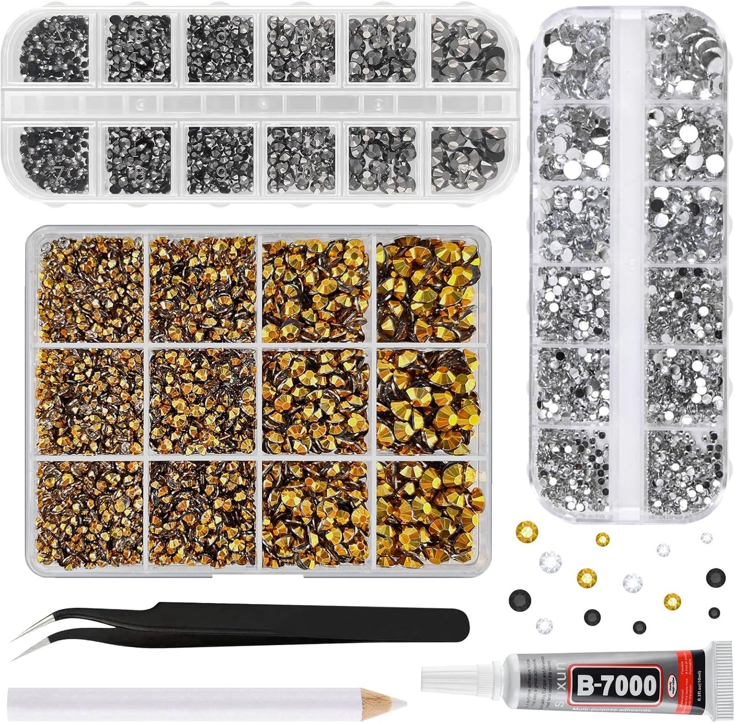 ASTARON Black Gold Resin Rhinestones for Crafting, 2mm-6mm Mixed Flatback Resin Gemstones for Crafts Gems Bulk Jelly AB Bedazzling Diamonds with Glue for Nails, Tumblers, Mugs Decoration