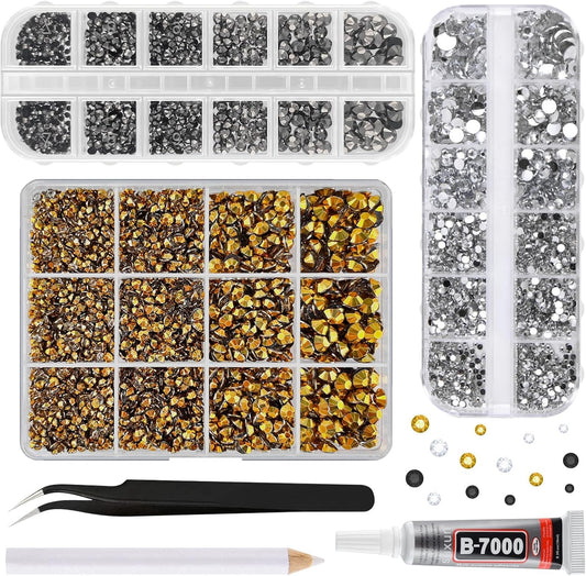 ASTARON Black Gold Resin Rhinestones for Crafting, 2mm-6mm Mixed Flatback Resin Gemstones for Crafts Gems Bulk Jelly AB Bedazzling Diamonds with Glue for Nails, Tumblers, Mugs Decoration