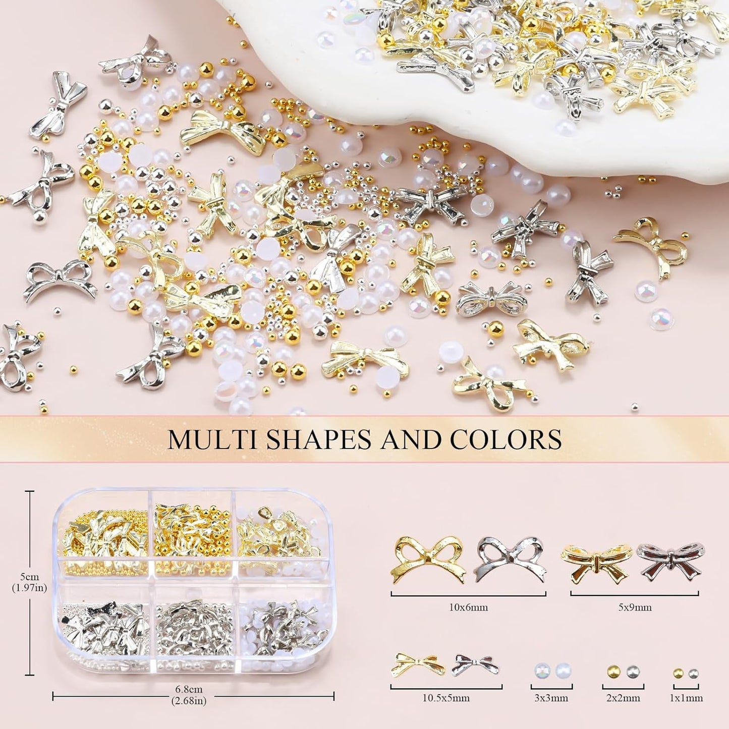 3D Metal Bowknot & AB Pearl and Mini Beads Nail Art Kit - Gold/Silver Alloy Bowknot, 1-2mm Stainless Steel Caviar Beads, 3mm Half Pearls for Professional Salon & DIY Manicure Jewelry Designs (Set 2)