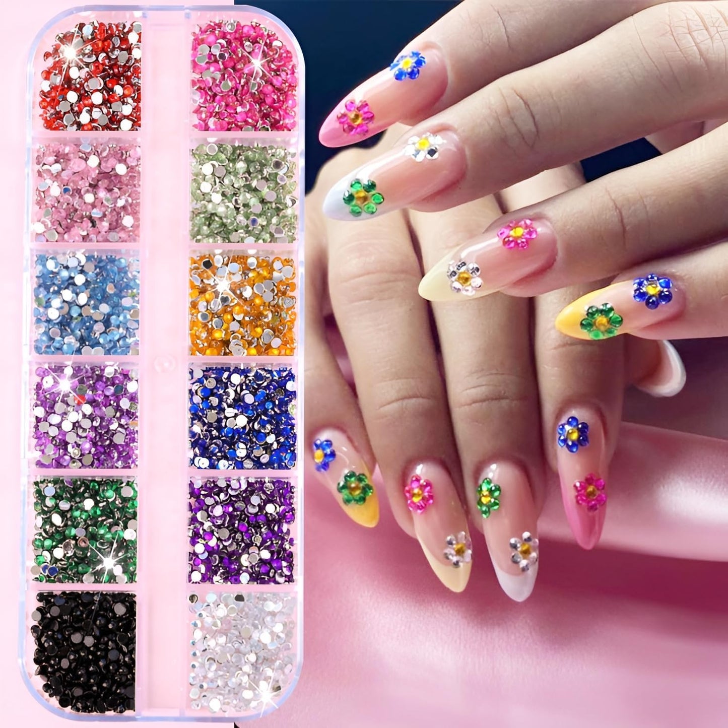 24 Grid Colorful Nail Charms 3D Flat Back Nail Rhinestone Half Round Pearl Nail Art Charms and Gems Kits Colorful Rhinestones for Crafting DIY Nail Art Makeup Decoration
