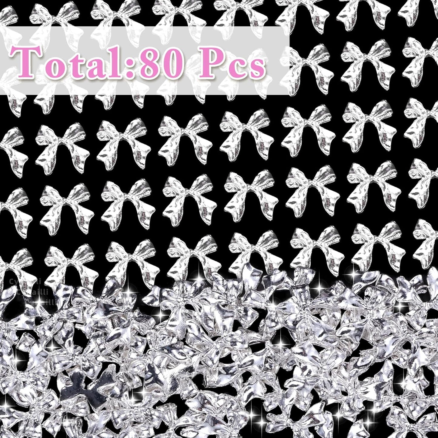 80 Pcs Sliver Bow Nail Gems Charms, 3D Bowknot Nail Charms for Alloy Nails, Cute Bow Tie Nail Jewelry Charms, Shiny Luxury Metal Nail Bow Charms for Nail Art Design Accessories