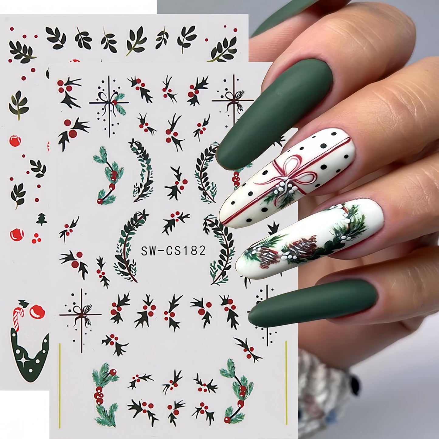 8 Christmas Nail Art Stickers Green French Snowflake Christmas Tree Elk Decal Stickers Silver Glitter Bell Bowknot Winter Design Suitable for Ladies Girls DIY Nail Art Decoration